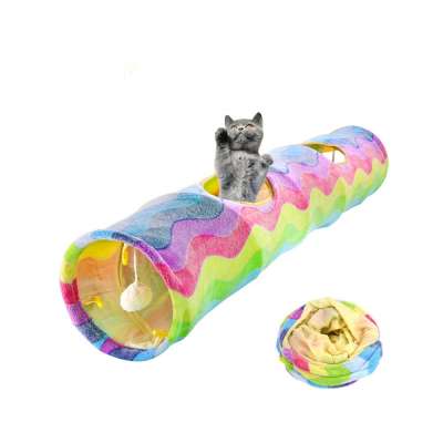 2020 Amazon Foldable Interactive Crinkle Sound Polar Fleece Rainbow Cat Tunnel Toy With Plush Balls